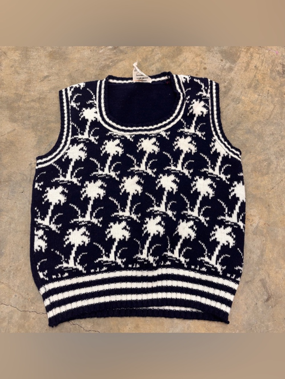 Vtg 70s Palm Tree Knit Sweater Vest Navy Blue White Retro Print Womens Large